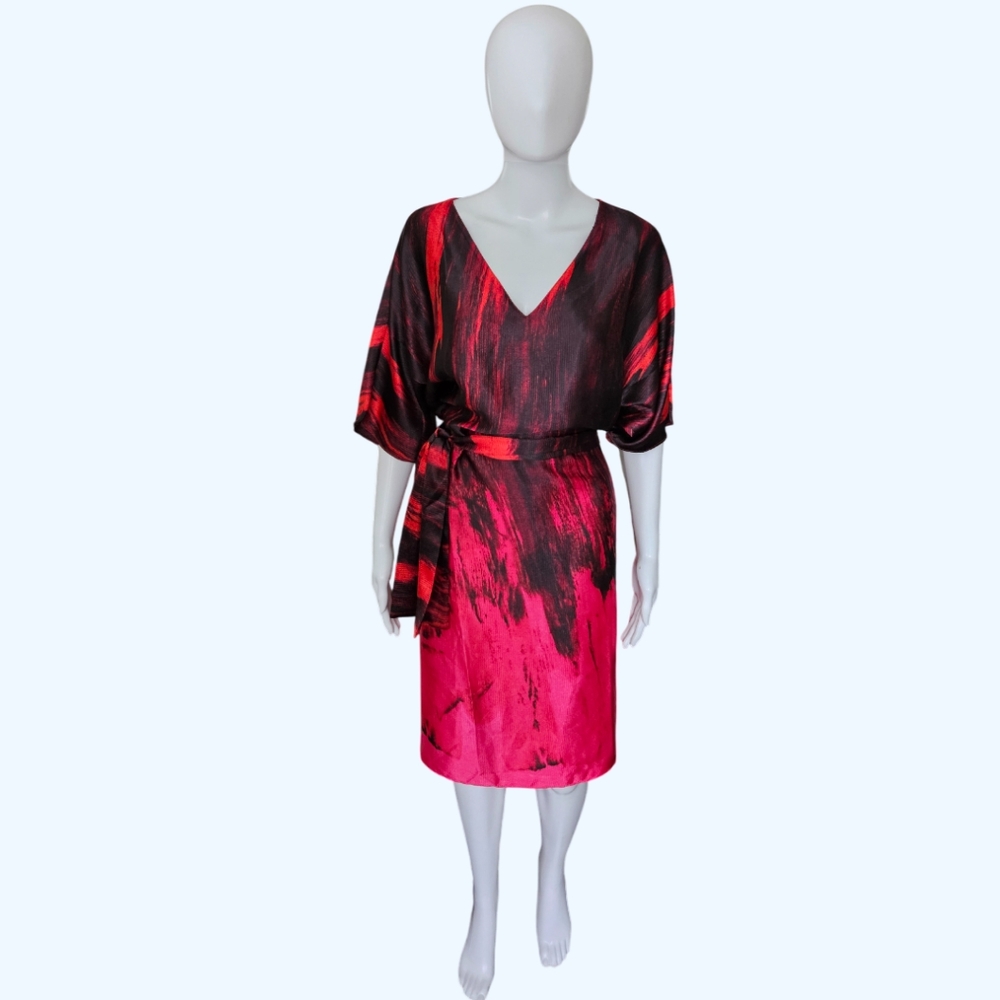NWT Josie Natori Ombre Kimono Sleeve Satin Pull Over Dress w/Sash - Large